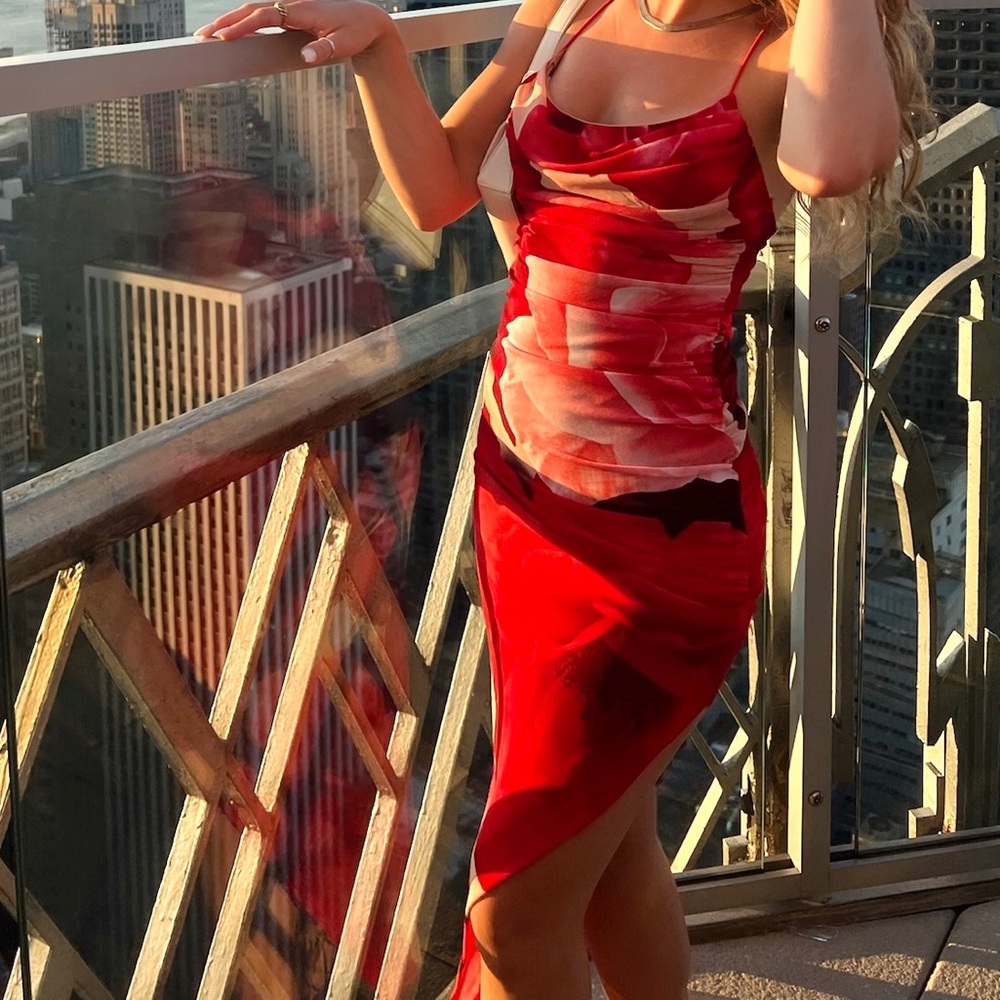 Red Multicolor Rose High Low Cocktail Dress